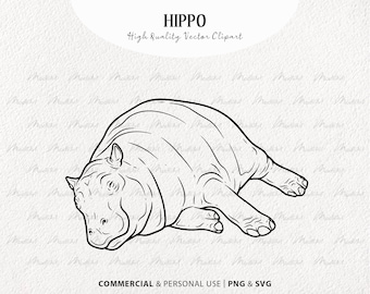 Sleeping Hippo SVG Clipart. Hippopotamus vector drawing. Hippo black outline tattoo. Jungle animal line drawing. Commercial PNG & SVG