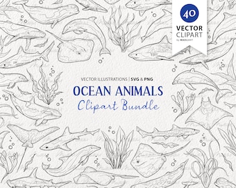 40 Ozean Tiere Clipart Bundle. Meerestiere Vektor Linie Kunst. Unterwasser Sea Life Zeichnungen. Delfin, Wal, Hai, Rochen Fisch. SVG & PNG