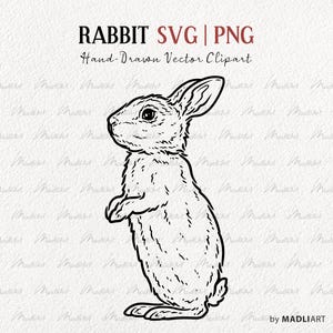 May include: A black and white hand-drawn vector clipart of a rabbit standing upright. The rabbit has detailed fur texture and is labeled "RABBIT SVG | PNG" and "Hand-Drawn Vector Clipart". The artist's name, "by MADLIART", is also included.