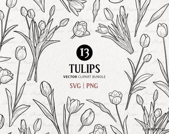 13 Tulips SVG Clipart Bundle. Easter Tulip Vector Line Drawings. Spring Flower Line Art. Botanical Blossoms and Leaves. Commercial PNG, SVG