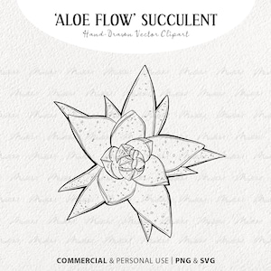 May include: A black and white line drawing of an aloe plant, labeled 'ALOE FLOW' SUCCULENT. The text 'Hand-Drawn Vector Clipart' appears below the plant name. The text 'COMMERCIAL & PERSONAL USE PNG & SVG' appears at the bottom of the image.