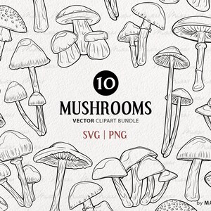 Op de afbeelding: Een set van 10 zwart-witte lijntekeningen van verschillende paddenstoelen. De tekeningen zijn in een eenvoudige, minimalistische stijl en zijn perfect voor gebruik in knutselprojecten, scrapbooking of digitaal ontwerp. De tekst "10 Mushrooms" en "Vector Clipart Bundle" is in de afbeelding opgenomen.