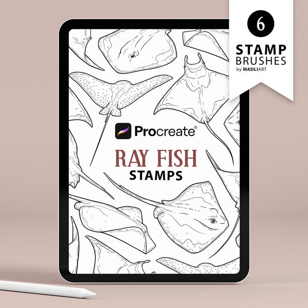 Timbres de procréation de poisson rayé. Conception de tatouage de créature marine. Pinceaux d'art pour animaux de l'océan. Raie manta, raie pastenague, raie aigle tachetée. Tampons de pinceau iPad