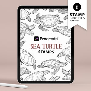 6 Maak zeeschildpad-stempels. Zeedier tattoo ontwerp. Oceaanlijnkunstborstels. Zeeleven overzicht Set. Stempels tekenen voor Procreate op iPad