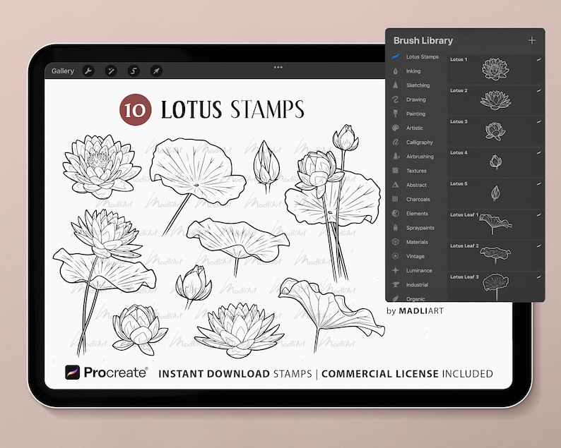 10 Procreate Lotus Flower Stamps. Water Lily Tattoo Design. July Birth ...