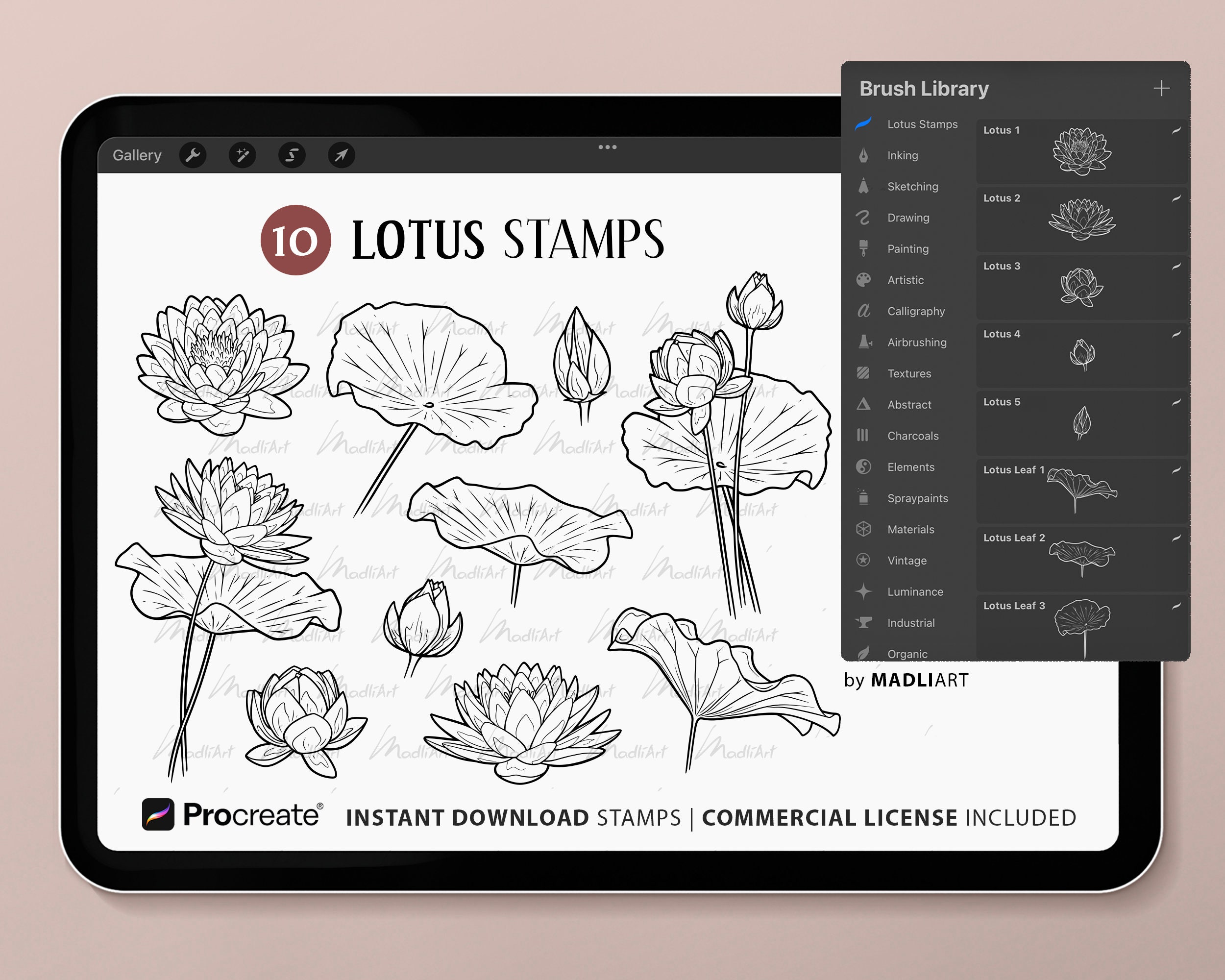10 Procreate Lotus Flower Stamps. Water Lily Tattoo Design. July Birth ...