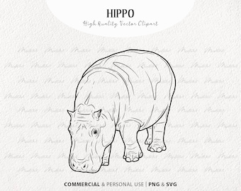 Hippo SVG Clipart. Hippopotamus vector drawing. Hippo line art. Hippo black outline tattoo. Jungle animal line drawing. Commercial PNG & SVG