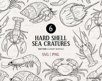 Hard Shell Sea Creatures Clipart Bundle. Marine Animals Vector Line Art. Crab, Lobster, Crawfish, Prawn. Commercial Use SVG and PNG art.