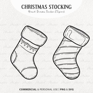Op de afbeelding: Twee handgetekend zwart-witte illustraties van kerstsokken. Eén sok heeft een eenvoudig ontwerp en de andere heeft een gestreept patroon.