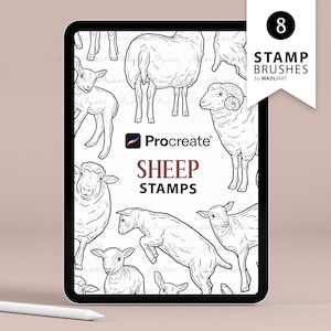 8 sellos de procreación de ovejas. Diseño de tatuaje de oveja. Pinceles para sellos de animales de granja. Lindo contorno de cordero lechal. Sellos de imágenes prediseñadas de cordero para Procreate en iPad