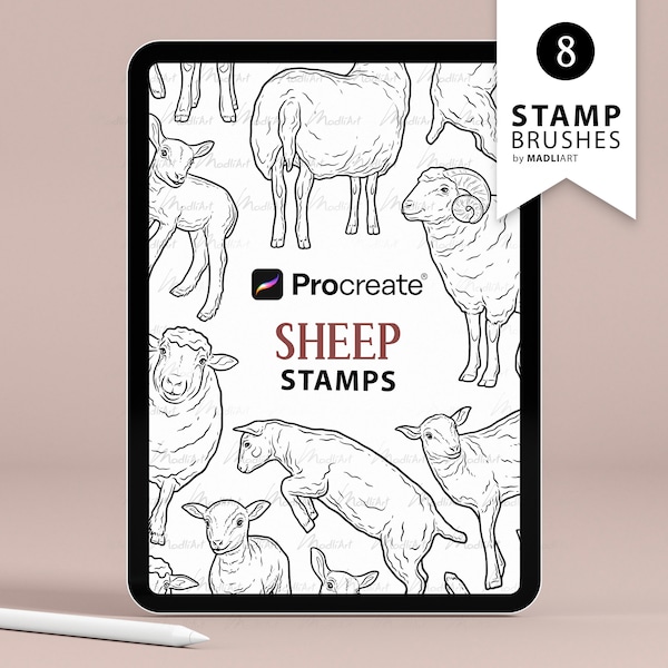 8 Schaf Procreate Stempel. Schaf Tattoo-Design. Bauernhof Tier Stempel Pinsel. Niedliche Baby Lamm Silhouette. Lamm Clipart Stempel für die Procreate in iPad