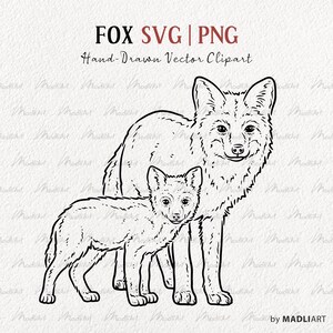 Könnte beinhalten: Schwarz-weiße handgezeichnete Vektor-Clipart-Illustration eines Fuchses und eines Fuchswelpen. Der Text "FOX SVG | PNG" und "Hand-Drawn Vector Clipart" befinden sich oben im Bild. Der Künstlername steht unten.