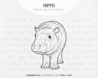 Baby Hippo SVG Clipart. Hippopotamus vector drawing. Hippo line art. Hippo black outline tattoo. Jungle animal drawing. Commercial PNG & SVG