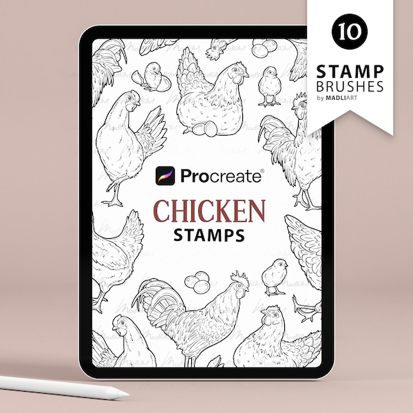 10 Chicken Procreate Stamps. Hen Rooster Tattoo Design. Baby Chick Line Art Brushes. Farm Bird Drawing Stamps for Procreate in iPad