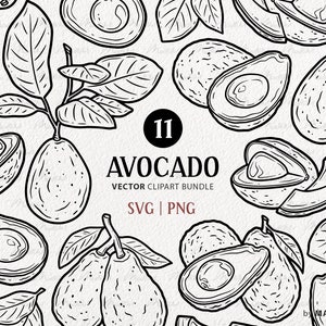 May include: A black and white illustration set of 11 avocado drawings. The set includes whole avocados, avocado halves, avocado slices, and avocado leaves. The text "11 Avocado Vector Clipart Bundle SVG | PNG" is included in the image.