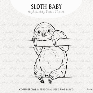 Sloth SVG Clipart Bundle. Cute Baby Sloth Line Illustrations. Lazy Sloth Vector Drawing. Exotic Animal Line Art. SVG & PNG files
