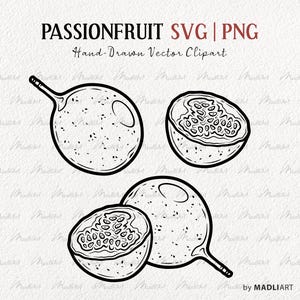Passionsfrucht SVG Clipart. 3 Passionsfrucht Vektor Linien Zeichnungen. Tropische Früchte Outline Art. Süße Granadilla Strichzeichnung. PNG- und SVG-Dateien