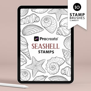 May include: A digital illustration of 10 Procreate stamp brushes featuring seashells and starfish. The image shows a tablet screen with the text "Seashell Stamps" and "10 Stamp Brushes by Madliart".