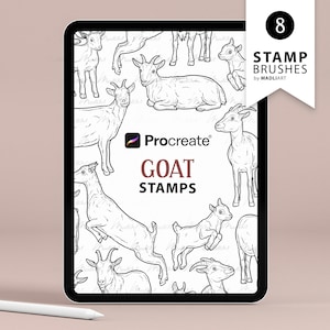 8 znaczków Goat Procreate. Projekt tatuażu kozy. Pędzle do stempli ze zwierzętami gospodarskimi. Uroczy zarys małego kozła. Clipart z kozą górską do Procreate