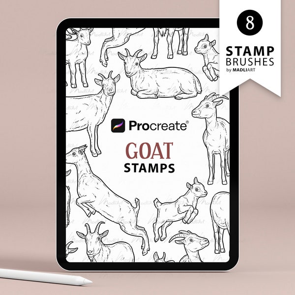 8 Goat Procreate Stamps. Goat Tattoo Design. Farm Animal Stamp Brushes. Cute Baby Goat Outline. Mountain Goat Clipart Stamps for Procreate