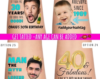 40e verjaardagsfeest aangepaste gepersonaliseerde tijdelijke tatoeages | 30ste verjaardag voor hem | verjaardag tatoeages | foto tattoo | gezicht tattoo, 21, Feest