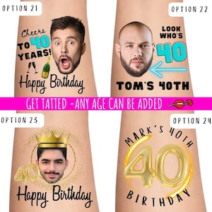 40th Birthday Party Custom Personalised Temporary Tattoos | Milestone Birthday tattoos | birthday tattoos | photo tattoo | face tattoo, 21st