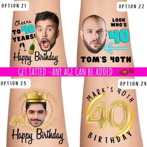 40th Birthday Party Custom Personalised Temporary Tattoos | Milestone Birthday tattoos | birthday tattoos | photo tattoo | face tattoo, 21st