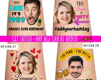 40e verjaardagsfeest aangepaste gepersonaliseerde tijdelijke tatoeages | 30ste verjaardag voor hem | verjaardag tatoeages | foto tattoo | gezicht tattoo, 21, Feest