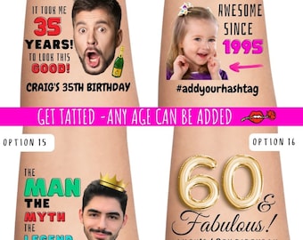 60th Birthday Party Custom Personalised Temporary Tattoos | Milestone Birthday tattoos | birthday tattoos | photo tattoo | face tattoo, 21st