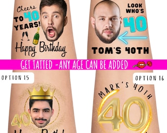 40e verjaardagsfeest aangepaste gepersonaliseerde tijdelijke tatoeages | 30ste verjaardag voor hem | verjaardag tatoeages | foto tattoo | gezicht tattoo, 21, Feest