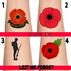 Lest We Forget Temporary tattoos, Soldiers, Poppy tattoos, Charity tattoos, fake tattoos, Remembrance Day