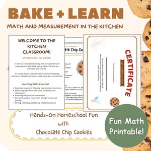 Puede incluir: Conjunto imprimible educativo para niños, titulado "Bake + Learn", con una receta de galletas con chispas de chocolate. Incluye una página de bienvenida, receta y certificado. El tema es la diversión en casa.
