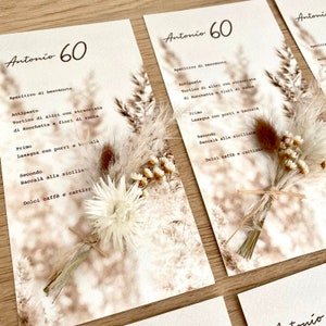 Menú para ceremonias en cartón fino y flores secas