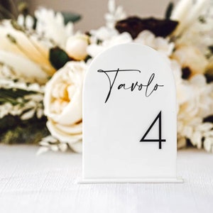 Pode incluir: Número de mesa branco com forma de arco preto e o texto "Tavolo 4" em letra cursiva preta.
