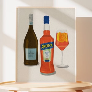 Aperol Spritz Illustrated Art Print | Italian Spritz Artwork | Aperol, Prosecco, art | Bar Cart Art | Cocktail Art for Housewarming Gift |