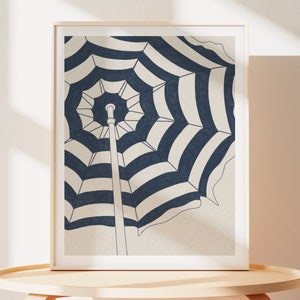 Blue Beach Umbrella Art Print: French Riviera Coastal Decor