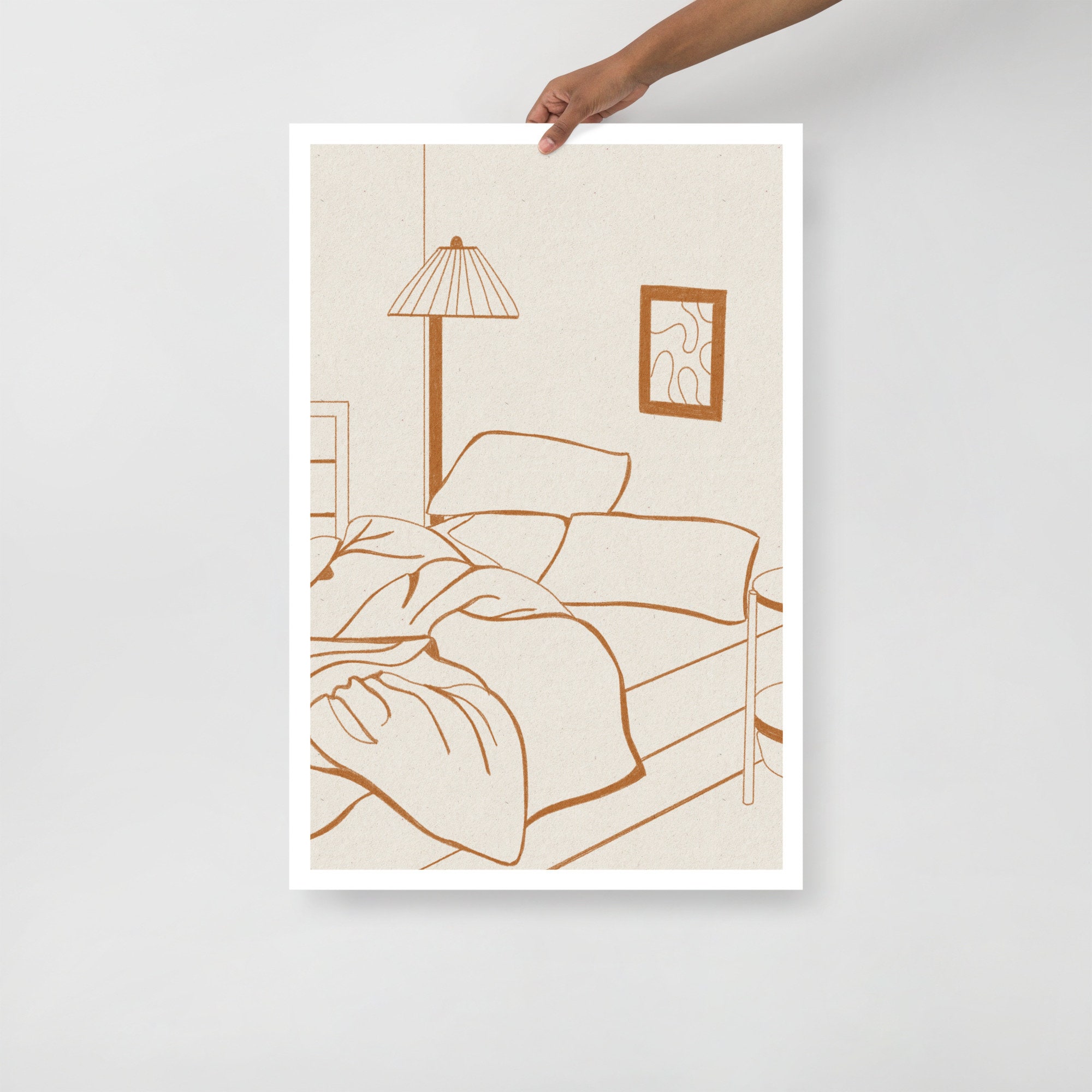 Monochrome Orange Art Print: Cozy Unmade Bed, Hygge Bedroom Decor, image size:2000x2000
