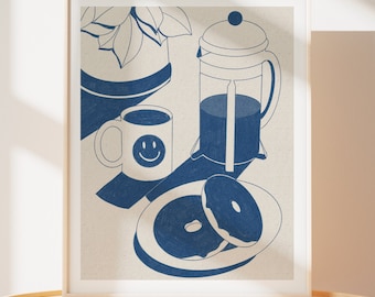 Coffee Breakfast Poster | Coffee Drawing | French Press Poster | Kitchen Art | Mid Century Modern Art Print | Breakfast Home Decor |