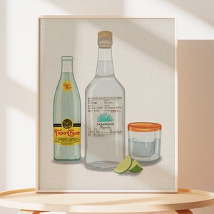 Ranch Water Illustration Art - Casamigos Tequila, Topo Chico, Limes | College Apartment Decor | Bar cart decor | Tequila Lover Art Print