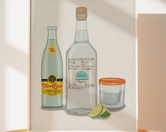 Ranch Water Illustration Art - Casamigos Tequila, Topo Chico, Limes | College Apartment Decor | Bar cart decor | Tequila Lover Art Print