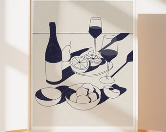 Navy Blue Wine Still Life Art Print: Minimalist Kitchen Decor