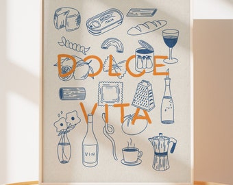 Italian Food and Drink Kitchen Poster | Pasta and cheese poster | Wine and Cheese Art Print | Dolce Vita Art Print | Gift for Foodies