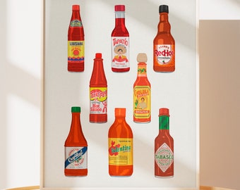 Hot Sauce Illustrated Art Print | Southern Hot Sauce Art Print | College Apartment Decor | Mexican Hot Sauce Poster | Kitchen  Quirky Art