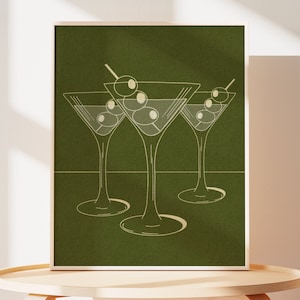 Dirty Martini Art Print Multiple Colors | Modny wystrój ścienny wózka barowego | Estetyczna sztuka kuchenna/ścienna | Ręcznie rysowany plakat Martini | Kolorowa sztuka