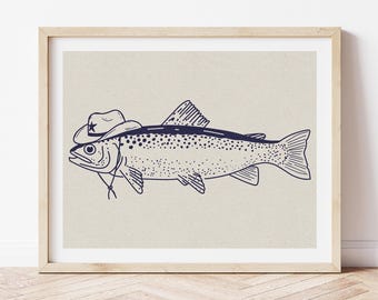 Cowboy Trout Art Print: Quirky Western Fish Illustration