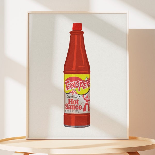 Texas Pete Hot Sauce Art Print | Texas Pete Illustration | Texas Art | Hot Sauce Art | College Apartment Decor | Kitchen Wall Art Quirky Art