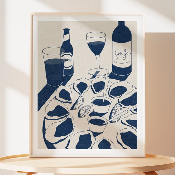 Oyster Date Night Art Print | Oysters and Wine Poster | Oyster Kitchen Decor | Seafood Home Decor | Seafood Restaurant Print |