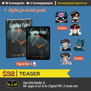 Puede incluir: Imagen promocional de un fanzine "Gotham's Finest", con un libro y una tableta con la misma portada. La imagen incluye emoticonos de dibujos animados y texto que dice "Physical Zine & PDF" y "Zine-Only Bundle, ft: 80+ pages of art & fic | Digital PDF | 2 emote sets."