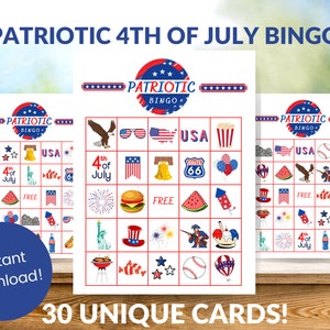 Patriotic Bingo Cards, 4th of July Bingo, 30 Printable 5 x 7 Bingo Cards, 4th of July Party Idea, Memorial Day Bingo, Fun 4th of July idea