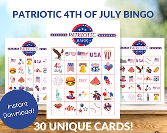 Patriotic Bingo Cards, 4th of July Bingo, 30 Printable 5 x 7 Bingo Cards, 4th of July Party Idea, Memorial Day Bingo, Fun 4th of July idea